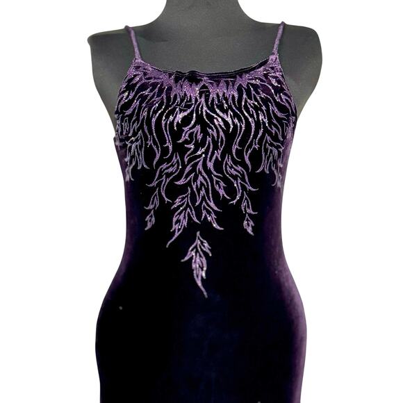 90's Purple Velvet Stretch Gown Size Small Embellished NYE Prom Fairycore‎ Maxi - Picture 3 of 11
